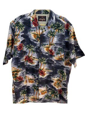 Vintage Hawaiian Shirt Mens XL Gray Blue Palm Trees Floral Short Sleeve Ramie